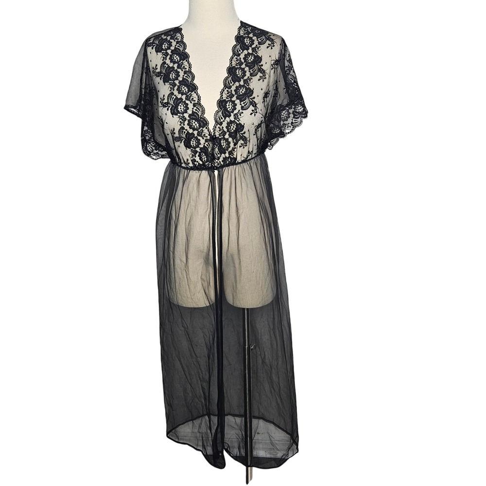 Vintage ILGWU Black Sheer Mesh Lace Maxi Robe Duster Women Medium‎ Made in USA